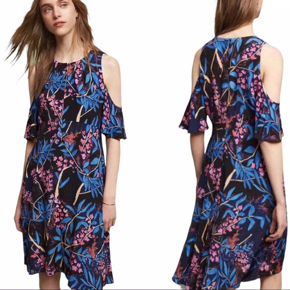 Maeve‎ Dress Size 2 Anthropologie Elia Cold Shoulder Floral A Line Keyhole NEW